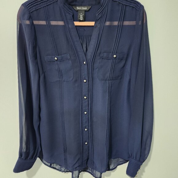 White House Black Market Navy Blue Sheer Button Down Long Sleeve Blouse - Size 4 - Picture 1 of 6
